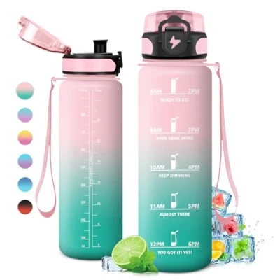 Afbeelding van KollyKolla Drinkfles, 1 liter, met tijdsaanduiding en filter, lekvrij, voor koolzuurhoudende dranken, geschikt fiets, school, meisjes, sport