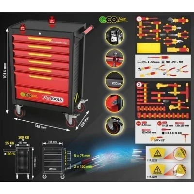 Afbeelding van KS Tools, Gereedschapswagen + montagewagen, ECOline werkplaatswagen met 42 geïsoleerde gereedschappen voor hybride en elektrische voertuigen ( (44 x)