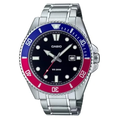 Afbeelding van Casio MDV107D 1A3V duikhorloge voor heren, roestvrij staal, 200 m, rood/blauwe lunette, zwarte wijzerplaat, 3 wijzers, zwart, sport, zwart., Sport