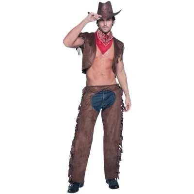 Afbeelding van Smiffy&#039;s Cowboy Rodeo Fever kostuum bruin met vest, beenwarmers en sjaal M