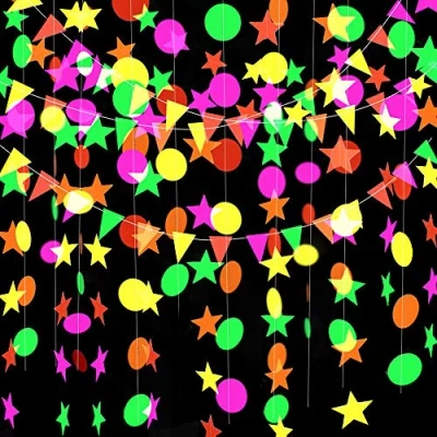Afbeelding van Globaldream neon papieren slinger, 4,4 meter sterrenslinger ronde slinger driehoekige vlaggetjes hangende voor verjaardagspartij bruiloft decoraties