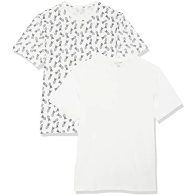 Image de Amazon Essentials Lot de 2 t shirts à manches courtes et col rond pour homme, coupe ajustée, blanc/imprimé ananas, taille XXL