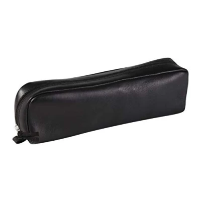 Afbeelding van Clairefontaine Rechthoekige leren etui 21 x 4 6 cm van echt lamsleer Metalen ritssluiting met trekstang Ref 8321C Zwart