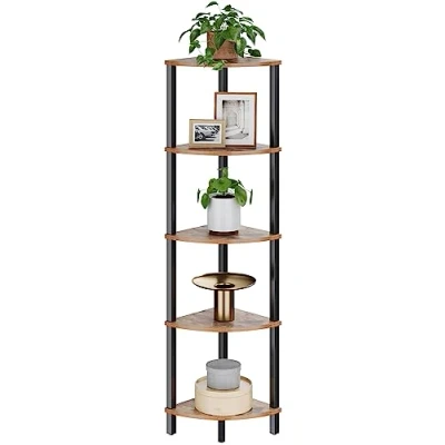 Afbeelding van VASIHO Vrijstaande hoekplank, boekenkast met 5 niveaus, opbergrek, plantenrek, voor keuken, woonkamer, industrieel design, vintage bruin zwart JSJ001H