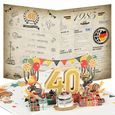 Afbeelding van Joyoldelf Verjaardagskaart voor 40e verjaardag, dagboek 1985, 3D pop up wenskaart met envelop, vintage verjaardagscadeau mannen en vrouwen
