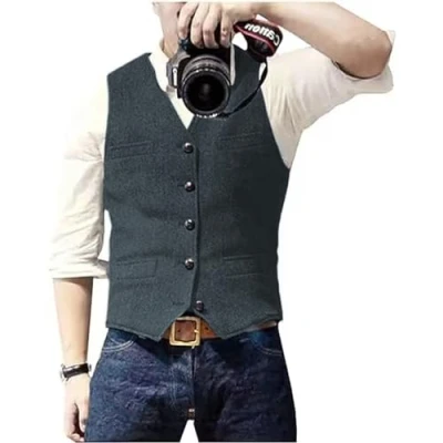 Afbeelding van Solovedress Casual wollen visgraatvest voor heren, V hals, tweed vest bruiloft