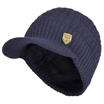 Afbeelding van Yixda Wintermuts voor heren met vizier, warm gebreid, fleecevoering, Marinier