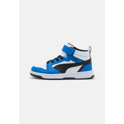Afbeelding van Puma Rebound V6 MID Unisex Sneakers hoog voor kinderen, Maat: 32.5, White/black/racing blue Hoogwaardig imitatieleer