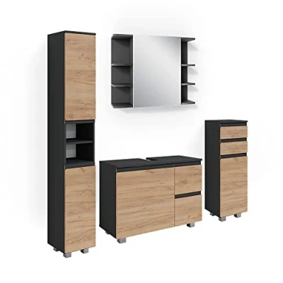 Afbeelding van Vicco Badkamermeubel set J Shape, Grijs/Eiken, 4 delen