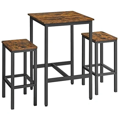 Afbeelding van Bartafel met barkrukken set, eettafel 2 stoelen, kleine keukentafel 60 x 90 cm, 30 40 65 voor eetkamer, keuken, industrieel design, vintage bruin zwart LBT017B01