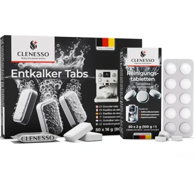 Afbeelding van CLENESSO Onderhoudsset: reinigingstablet voor koffiemachine + ontkalker koffiezetapparaat (elk 50 stuks) compatibel met Siemens, Jura, Krups, Miele en vele andere