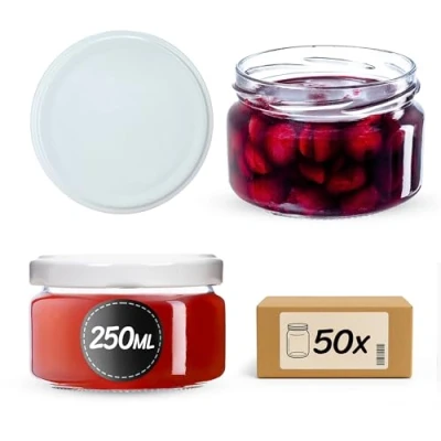 Afbeelding van KADAX Set van 50 kleine jampotten met luchtdichte deksels, 250 ml, voor honing en specerijen, wit