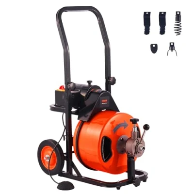 Image de VEVOR Déboucheur Électrique de Canalisation 30 m x 12,7 mm Machine Nettoyage Tuyaux Alimentation Auto Nettoyeur Tubes Pro 4 Coupeurs Commande à Pied pour 50 100 WC Égouts Toilettes