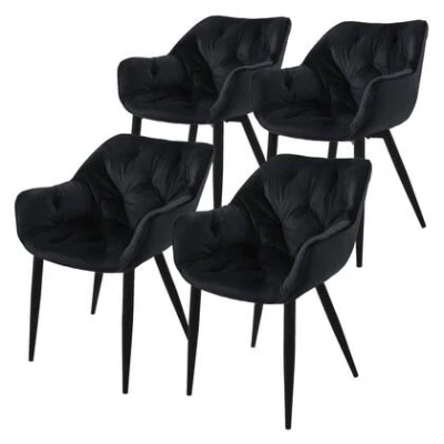 Afbeelding van ML Design Eetkamerstoelen set van 4 zwart, keukenstoel met dik fluweel gestoffeerde zitting, metalen poten, woonkamerstoel rugleuning en armleuningen, gewatteerde stoel