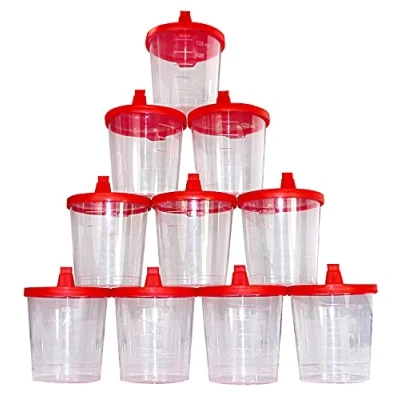 Afbeelding van Medi Inn+ 10 stuks urinebekers van kunststof met klikdeksel, 125 ml, rood