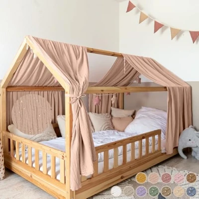 Afbeelding van lilimaus bedhemel [roze beige] 100% katoenen chiffon handgemaakte decoratieve voor meisjes en jongensbed hemel kinderbed bedgordijn