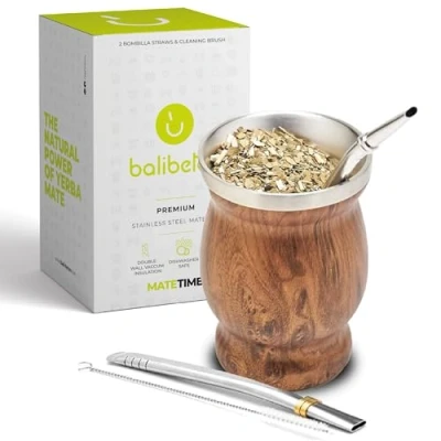 Afbeelding van Balibetov [Nieuw] Dubbelwandige Doestvrijstalen Yerba Mate Kalebas Set (Mate Cup) met Bombilla (Rietje) (Hout)