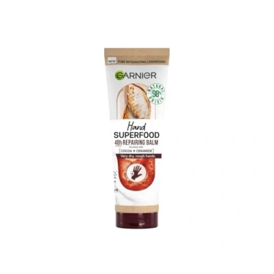 Afbeelding van GARNIER Body Superfood herstellende balsem voedende handcrème 48 uur hydratatie cacaoboter &amp; ceramide 98% natuurlijke oorsprong veganistisch en dierproefvrij extra droge handen 75 ml