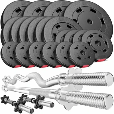 Afbeelding van Hop Sport Halterset 105 kg Lange Halterstang, Super Curl of Stang, 2x korte Halters, Gewichten 4x10kg / 6x5kg 4x2,5kg 6x1,25kg (105kg Lang Halter, SZ stang &amp; halters)