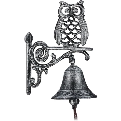 Afbeelding van Relaxdays deurbel gietijzer tuinbel uil wandbel vintage tuindecoratie buitenbel zilver