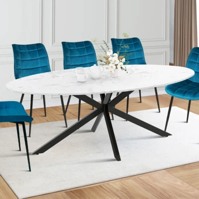 Image de Table à manger ovale ALIX 10 personnes pied araignée métal noir et plateau effet marbre blanc ALASKA 200 cm