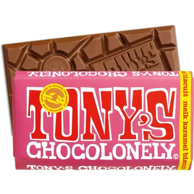 Afbeelding van Tony&#039;s Chocolonely Melk Chocolade Reep Karamel Biscuit Melkchocolade 180 gram