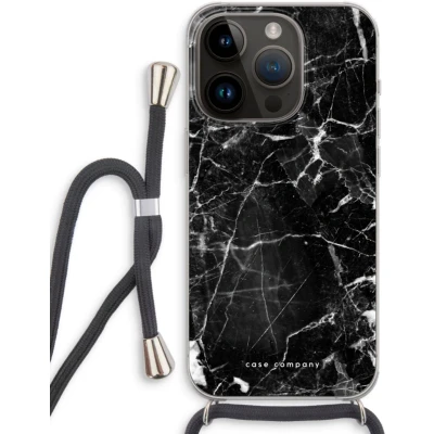 Afbeelding van Case Company® hoesje met Koord geschikt voor iPhone 14 Pro Zwart Marmer Telefoonhoesje Extra Bescherming aan alle Kanten en Over de Schermrand
