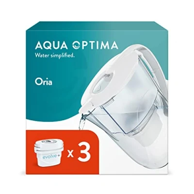 Afbeelding van Aqua Optima Oria Waterfilterkaraf en 3 Evolve+ 30 dagen filterpatronen, inhoud 2,8 l, ter vermindering van microplastic, chloor, kalk verontreinigingen, wit