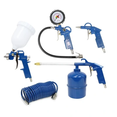 Afbeelding van HYUNDAI compressoraccessoires 5x verfspuit, vloeistofspuit, bandenvulpistool, blaaspistool en een spiraalslang 5 bar