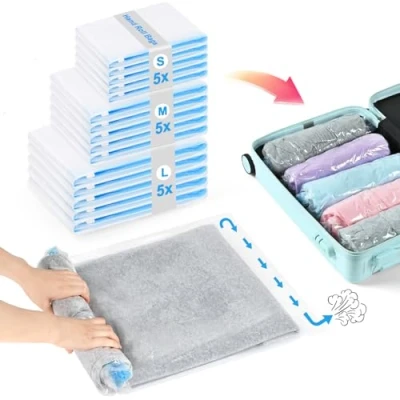 Afbeelding van BoxLegend Lot de 15 Sacs sous vide pour vêtements voyage 5 grands (50 x 70 cm) + moyens (40 60 petits (35 50 valise