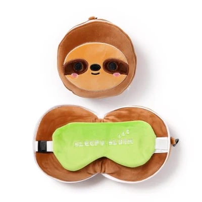Afbeelding van Relaxeazzz Luiaard knuffel/reiskussen/slaapmasker 2 in 1 set voor kinderen vliegtuig of auto