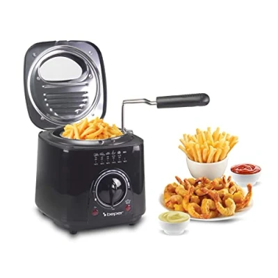 Image de BEPER P101FRI100 Friteuse électrique 1L, 850 950W, Panier en acier amovible, Couvercle avec hublot, Filtre lavable Température réglable, Pieds antidérapants, Noir