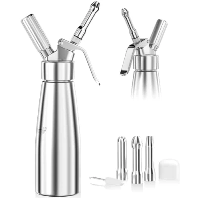 Afbeelding van Newaner 500 ml slagroomsifon van aluminium met 3 spuitmonden roestvrij staal en 1 reinigingsborstel, voor decoratie verjaardagstaarten, gebak, ijs desserts
