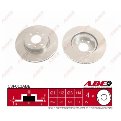 Afbeelding van ABE C3F011ABE Remschijf Vooras 257 22 4 Geventileerd Met schroeven ALFA ROMEO: 164, FIAT: Croma I Hatchback
