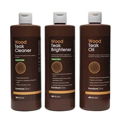 Afbeelding van Teak hout Onderhoudsset Furniture Clinic Reinigen, opfrissen, voeden en beschermen van behandeld onbehandeld Voor teakhouten (tuin) meubelen Bevat reiniger, witmaker olie Care Kit Clean, Restore, Protect