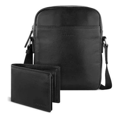 Afbeelding van bugatti Savona Buffelleer, schoudertas en portemonnee, RFID bescherming, portemonnee met stoffen tas, zwart., S