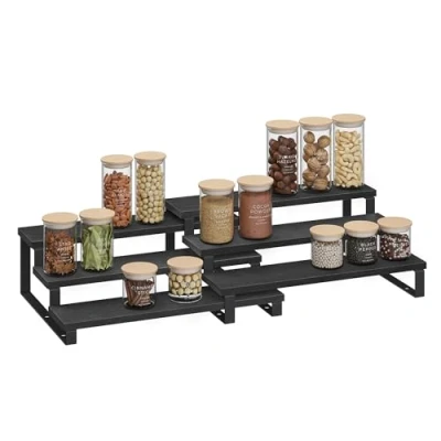 Afbeelding van SONGMICS Kruidenrekken, staande keukenplanken, keukenorganizer, set van 2, houtmateriaal, elk 3 planken, uitschuifbaar, stapelbaar, voor voorraadkast, werkblad, ebbenhoutzwart inktzwart KCS116B01