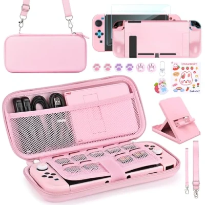Afbeelding van Younik Switch OLED accessoireset, roze, 15 in 1 accessoireset voor meisjes, inclusief draagtasje, verstelbare standaard, beschermhoes Console en J Con