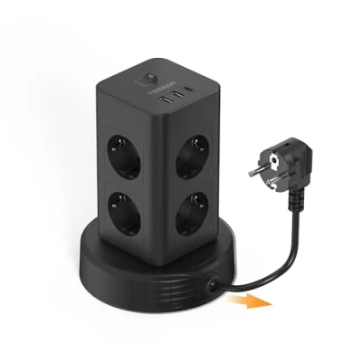 Afbeelding van TESSAN Stekkerdoos met schakelaar, 8 AC uitgangen, USB toren verlengkabel, intrekbaar, 2 m, meervoudig stopcontact 2500 W, meerdere stopcontacten C voor thuis, kantoor en school, zwart