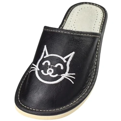 Afbeelding van APREGGIO pantoffels voor dames, leer, handgemaakt, volwassenen, praktische comfortabele stevige zool, damesschoenen, Zwart en wit.