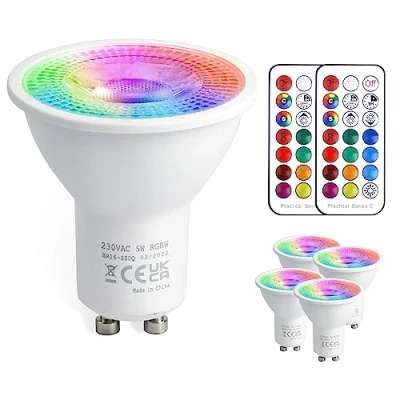 Afbeelding van VARICART Ledlampen, GU10, 6 W, 12 kleuren, kleurverandering, RGBW, dimbaar, met afstandsbediening, RGB, koudwit, 6000 K, 50 Equiv. voor raillamp, wandlamp (4 stuks)