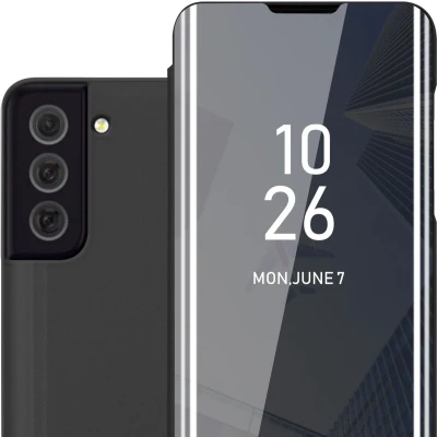 Afbeelding van Cadorabo Hoesje geschikt voor Samsung Galaxy S22 PLUS in TOERMALIJN ZWART Clear View Spiegel Beschermende Case met Tribunefunctie 360 Graden Bescherming Book Cover Etui