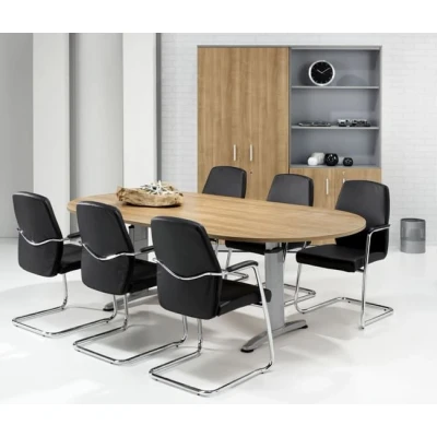 Afbeelding van Hoogte verstelbare ovale t poot vergadertafel Work breed 240CM diep 120CM bladkleur Kersen framekleur Zwart (RAL9011)