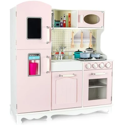 Afbeelding van Leomark Kinderkeuken van hout, roze, vintage, speelgoed met zilveren accessoires, keuken telefoon en ijsmachine, ideaal voor kinderen, hoogte 103 cm