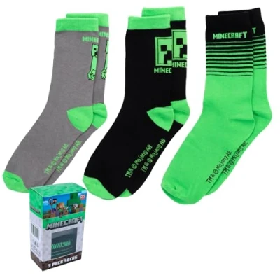 Afbeelding van Minecraft Creeper Sportsokken voor jongens, verpakking van 3 of 5 paar, met geschenkverpakking, hoog katoengehalte, Zwart/Grijs
