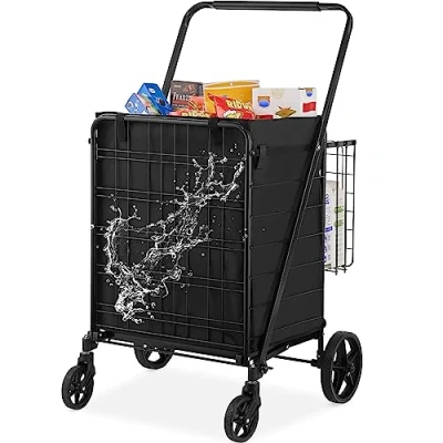 Image de VEVOR Chariot de Courses Pliable Charge 150,5 kg 4 Roulettes Supermarché Plus 85 L avec 2 Paniers Charrette en Fer Doublure Étanche pour Transporter Ranger Linge Épicerie