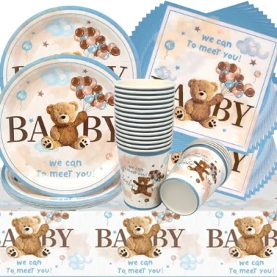 Afbeelding van Doyomtoy 61 stuks berenfeestservies, verjaardagsbeer, berendecoraties, verjaardagsborden, kopjes, servetten, voor babyshower, kinderen, verjaardag, favorieten