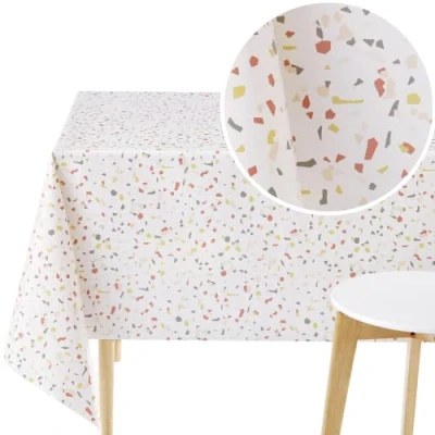 Afbeelding van KP HOME Rechthoekig tafelkleed van pvc, gemakkelijk schoon te maken, vinyl, waterdicht, 200 x 140 cm, motief Terrazzo, crèmewit
