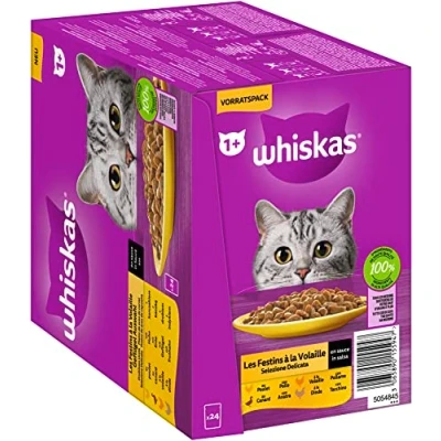 Afbeelding van 48x85g 1+ Adult Gevogelte selectie in Saus Whiskas Kattenvoer Maaltijdzakjes