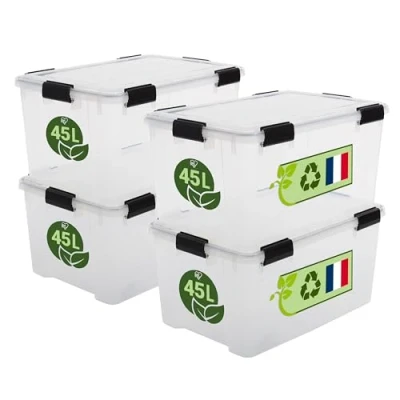Afbeelding van Iris Ohyama Set van 4 luchtdichte kunststof opbergdozen met deksel, transparant, luchtdicht, vergrendelingsgespen, stapelbaar, voor buiten, garage, kleding, stofdicht, stuks